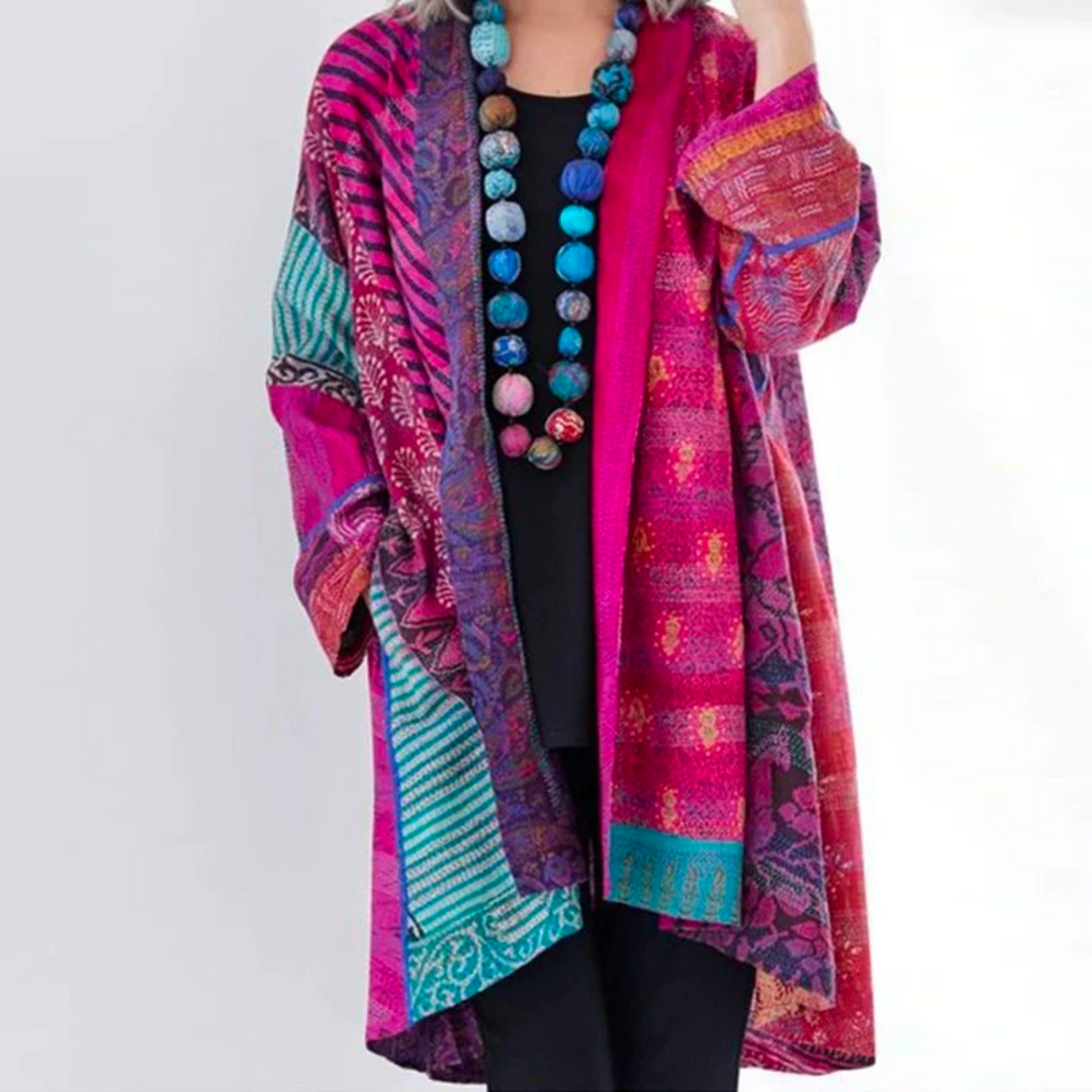 Cardigan long à panneaux, coloris rose, vu de face