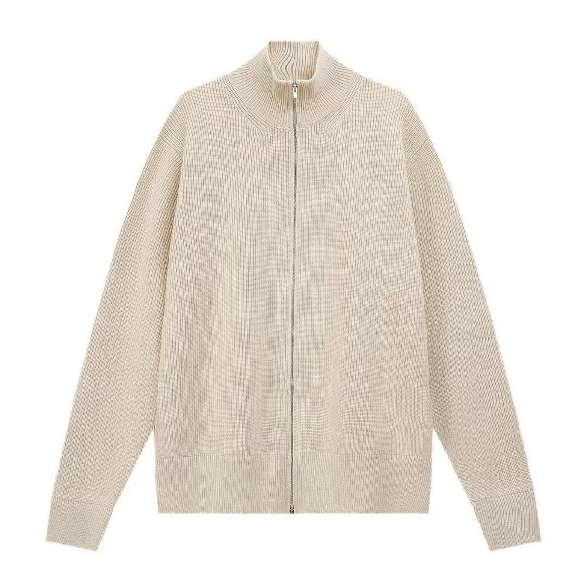 Cardigan en maille côtelée beige à col cheminée et double fermeture éclair, vue de face