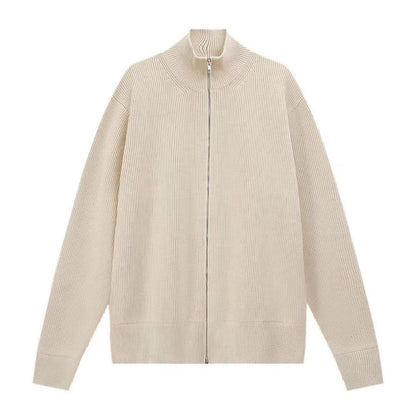 Cardigan en maille côtelée beige à col cheminée et double fermeture éclair, vue de face