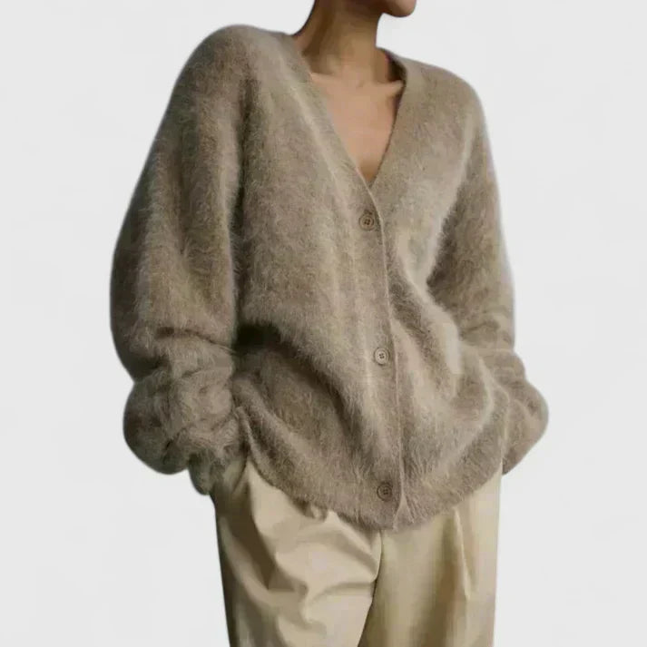 Cardigan brossé col V pour femme, coloris beige