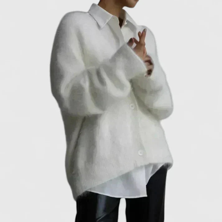 Cardigan brossé col V pour femme, coloris blanc