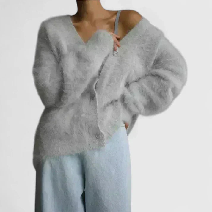 Cardigan brossé col V pour femme, coloris gris clair
