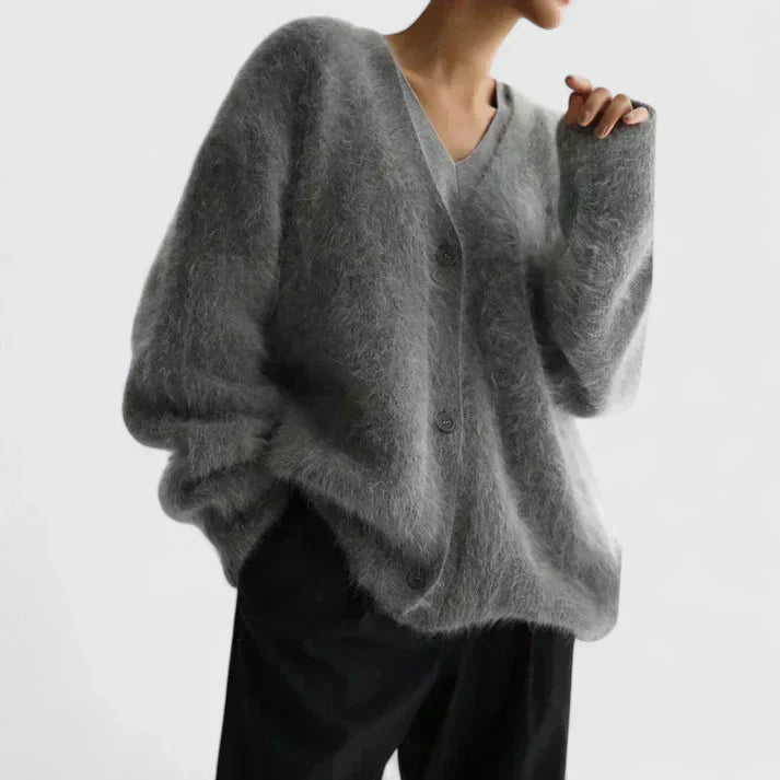 Cardigan brossé col V pour femme, coloris gris foncé