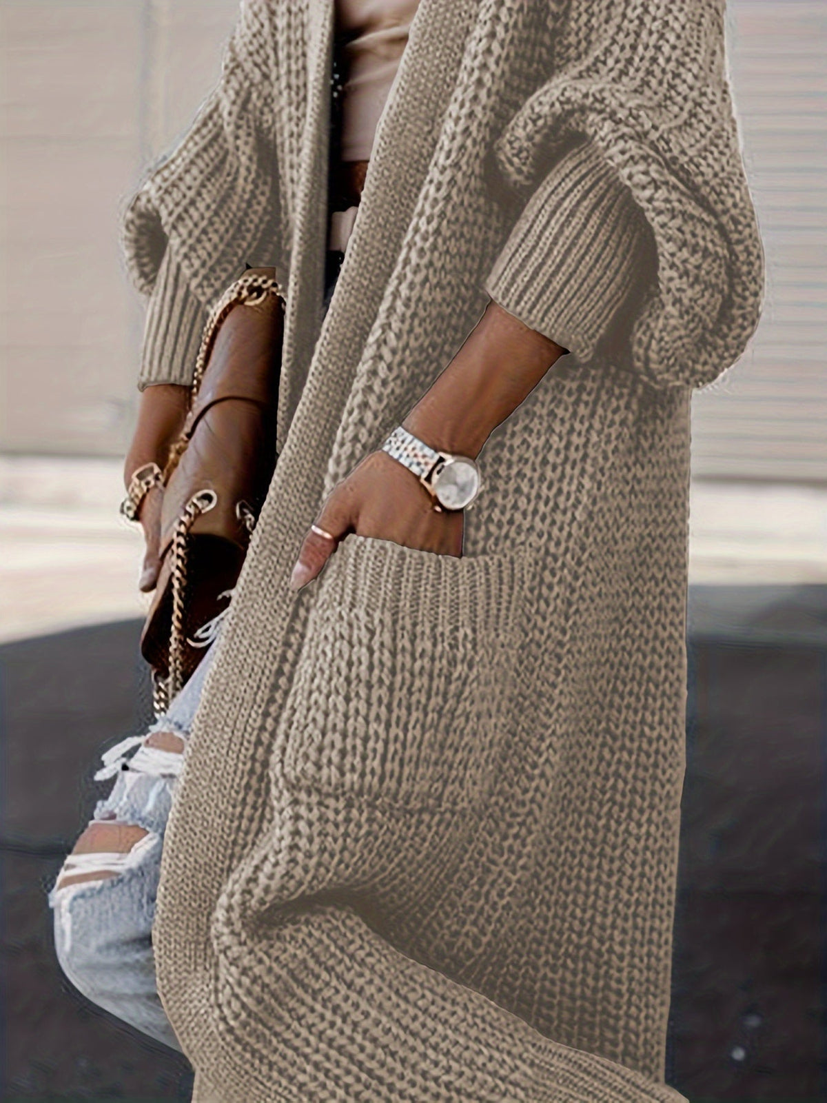 Cardigan maxi à poches, coloris beige, porté en tenue, vue 2