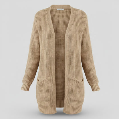 Cardigan ouvert à poches, coloris beige, présenté à plat