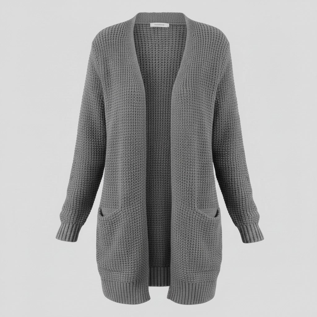 Cardigan ouvert à poches, coloris gris, présenté à plat