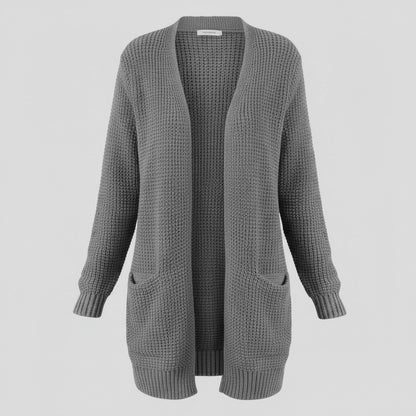 Cardigan ouvert à poches, coloris gris, présenté à plat