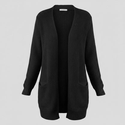 Cardigan ouvert à poches, coloris noir, présenté à plat