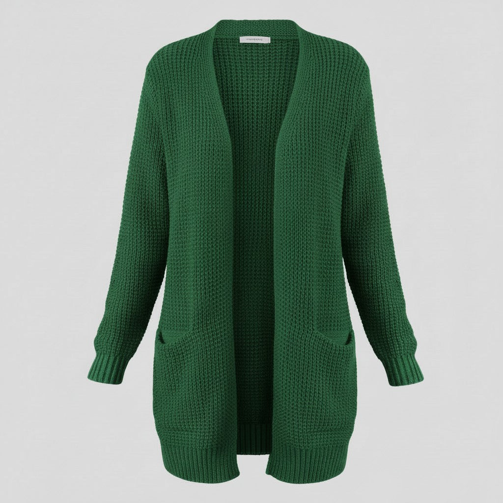 Cardigan ouvert à poches, coloris vert forêt, présenté à plat