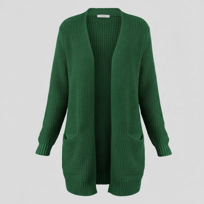 Cardigan ouvert à poches, coloris vert forêt, présenté à plat