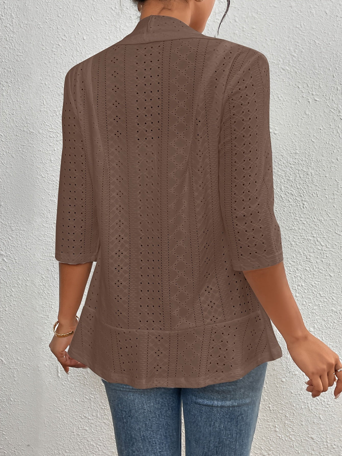 Cardigan ouvert maille ajourée, coloris marron, vue de dos