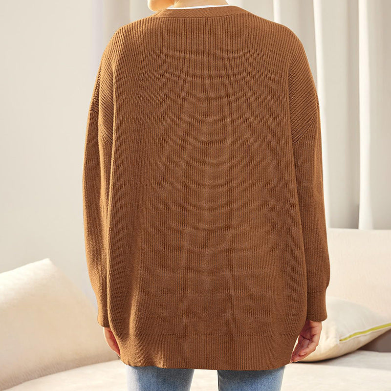 Cardigan oversize à col en V, coloris marron, vu de dos