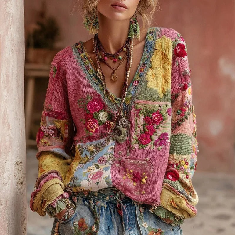 Cardigan patchwork fleuri, coloris rose, vu de face