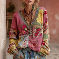 Cardigan patchwork fleuri, coloris rose, vu de face