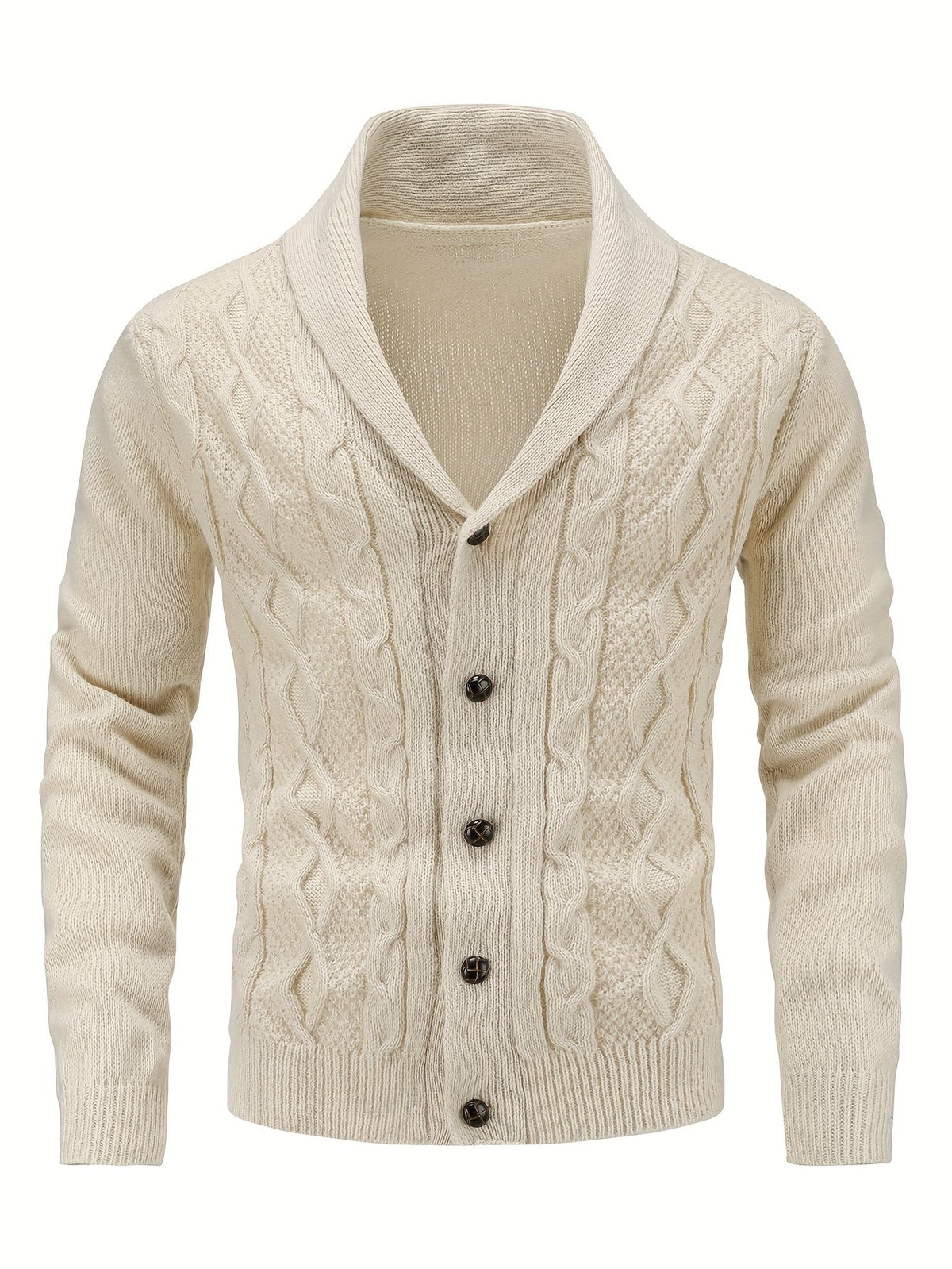 Cardigan crème en maille torsadée à col châle, boutons foncés contrastant avec la maille
