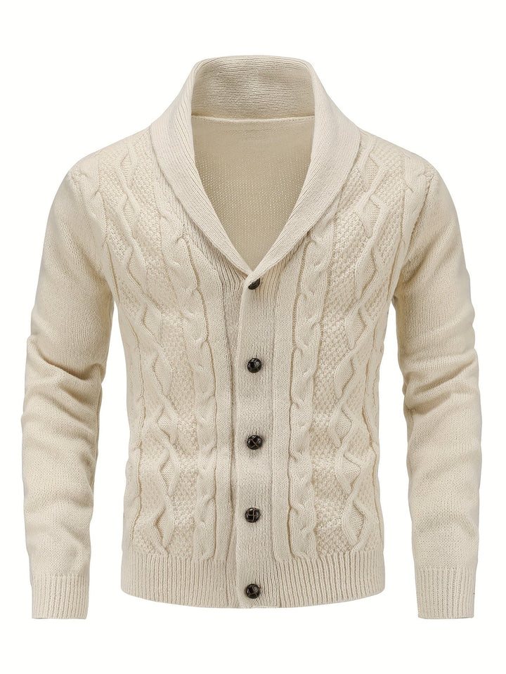 Cardigan crème en maille torsadée à col châle, boutons foncés contrastant avec la maille