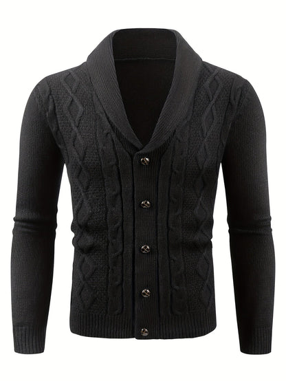 Cardigan noir à col châle et larges torsades, cinq boutons et poignets côtelés