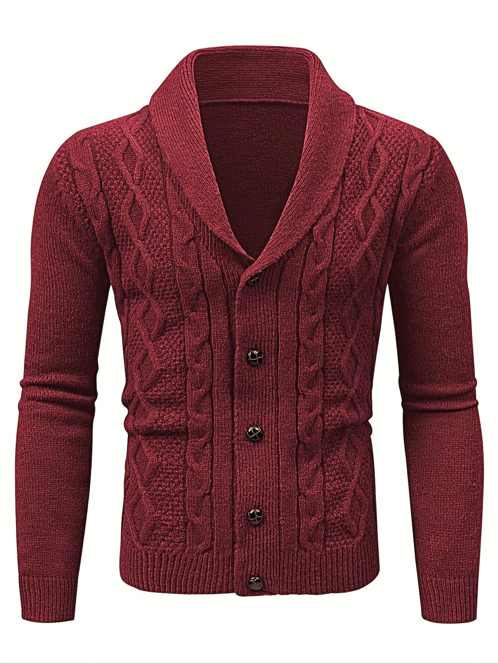 Cardigan bordeaux en maille torsadée à col châle, boutonnage foncé sur le devant