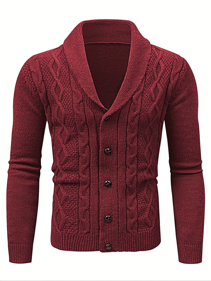 Cardigan bordeaux en maille torsadée à col châle, boutonnage foncé sur le devant