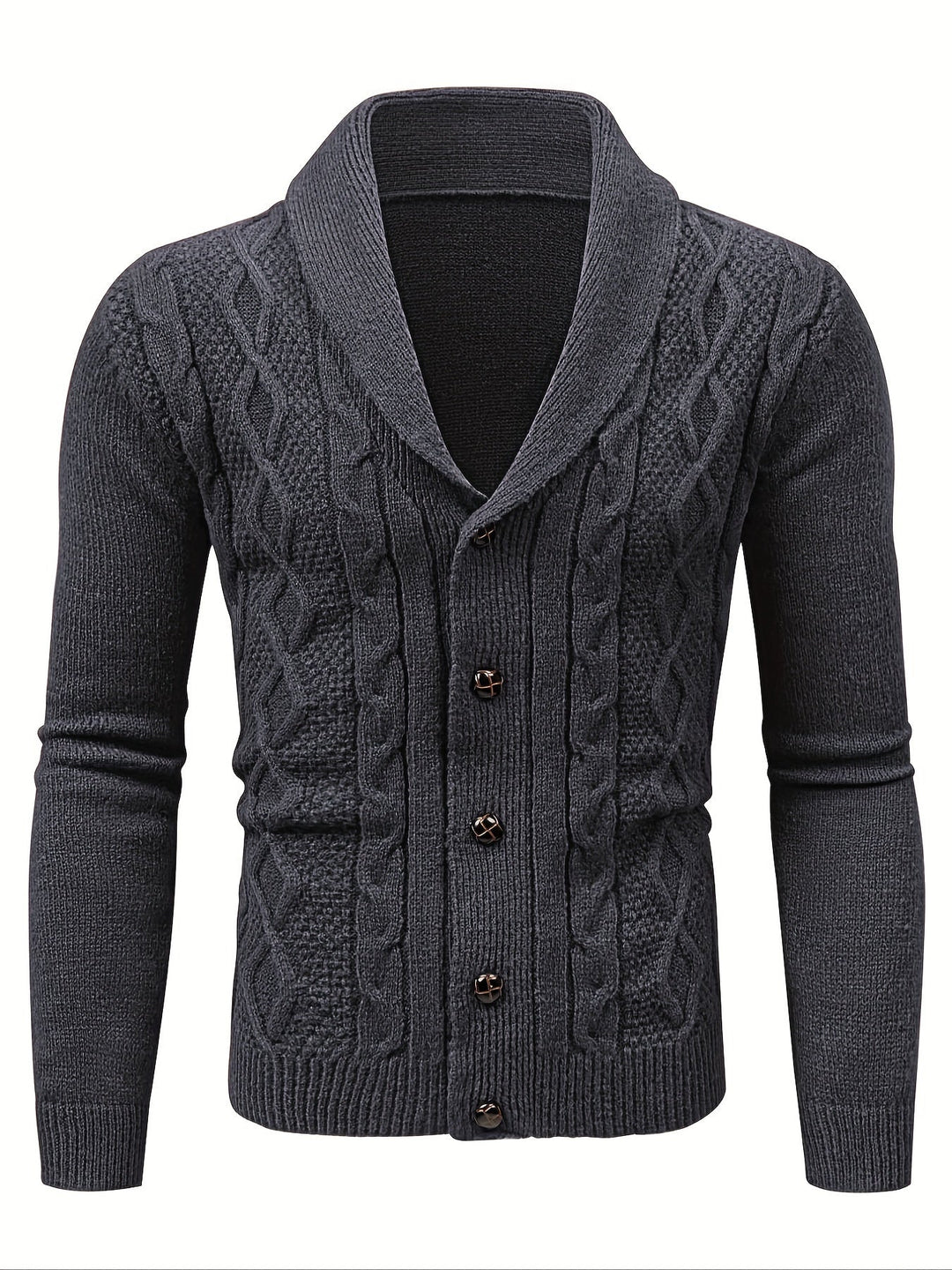 Cardigan gris ardoise à col châle et torsades, fermé par cinq boutons, sur buste invisible