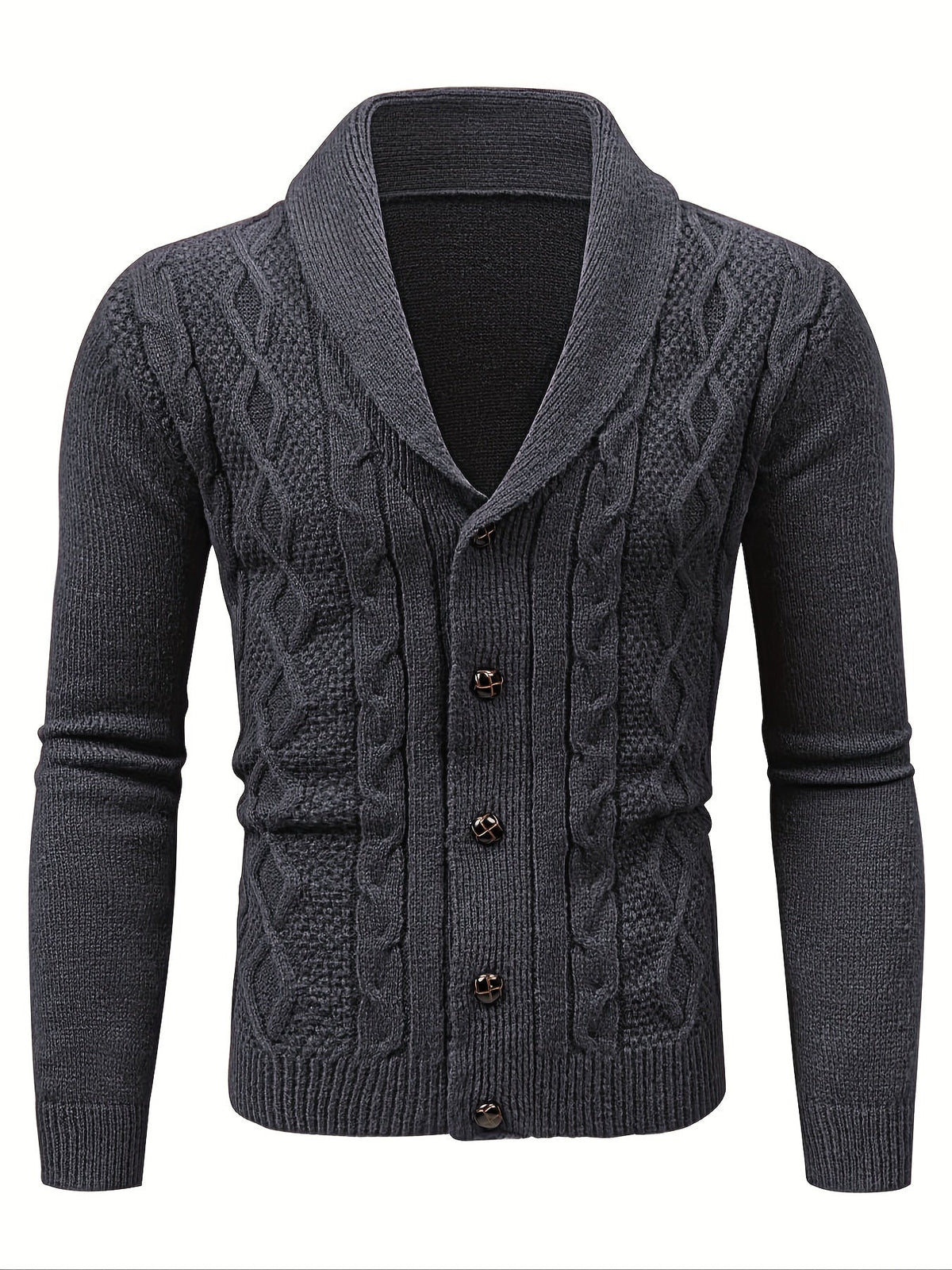 Cardigan gris ardoise à col châle et torsades, fermé par cinq boutons, sur buste invisible