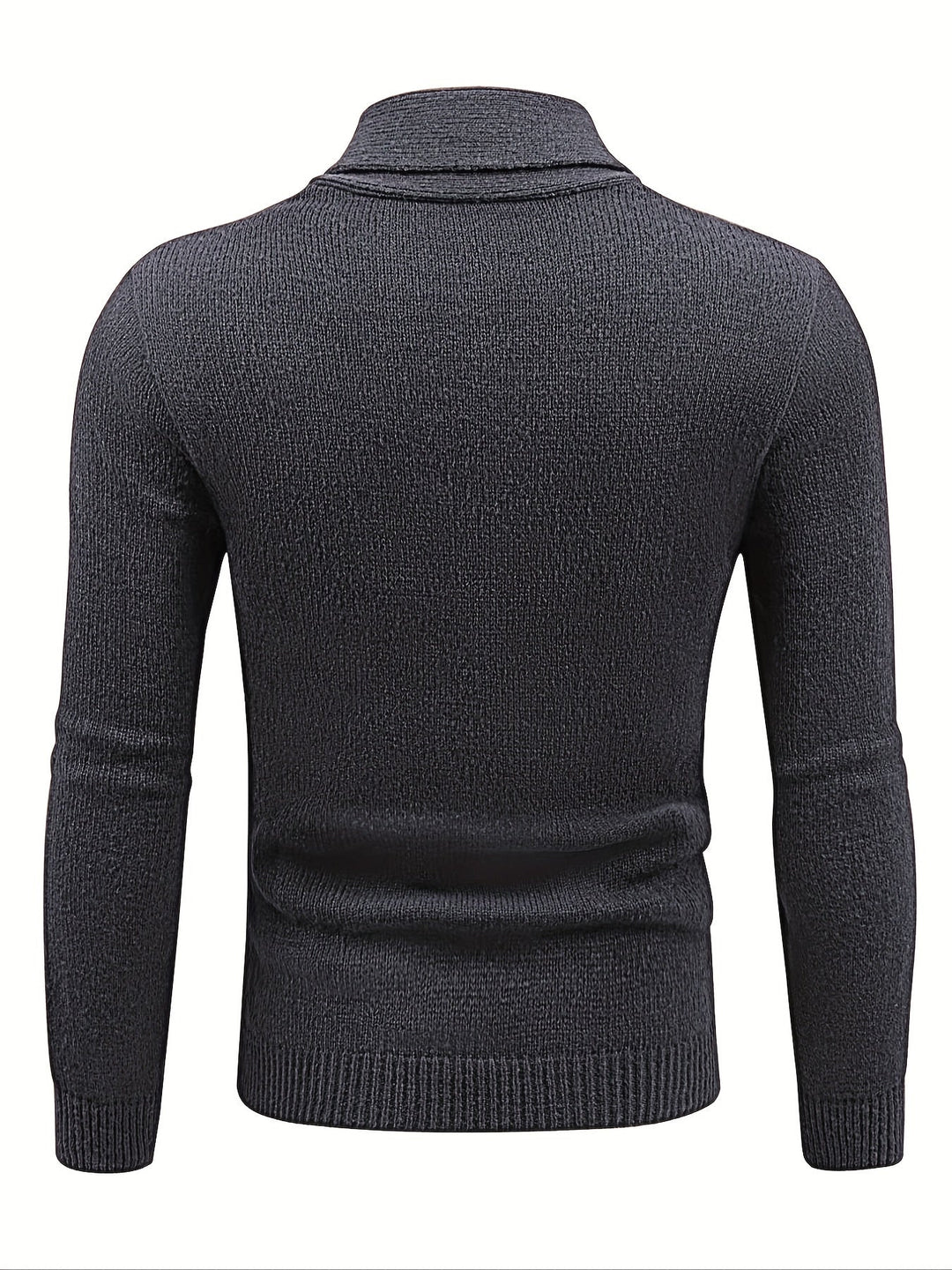 Dos du cardigan gris ardoise, maille unie et col châle visible par-dessus l'épaule