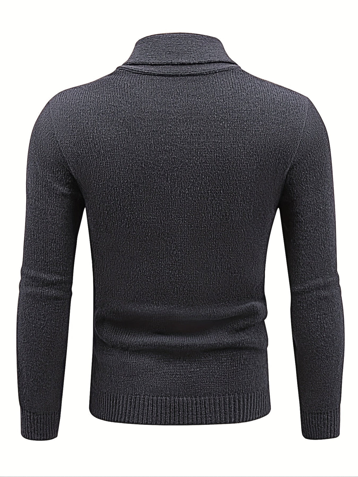 Dos du cardigan gris ardoise, maille unie et col châle visible par-dessus l'épaule