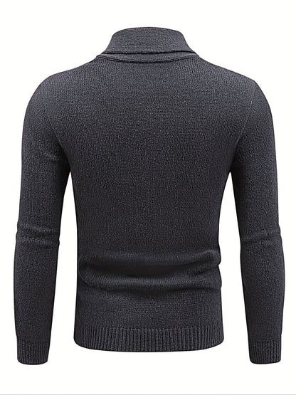 Dos du cardigan gris ardoise, maille unie et col châle visible par-dessus l'épaule