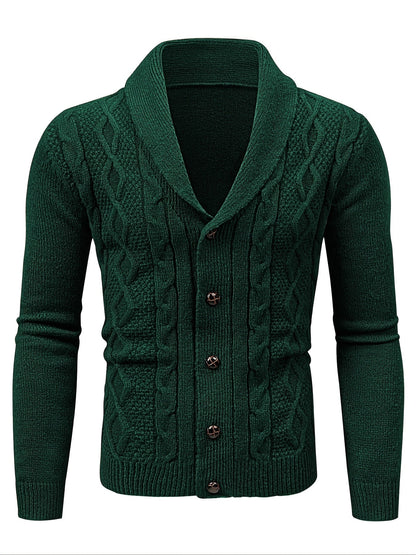 Cardigan vert sapin à col châle, torsades verticales et bord-côte marqué à la taille
