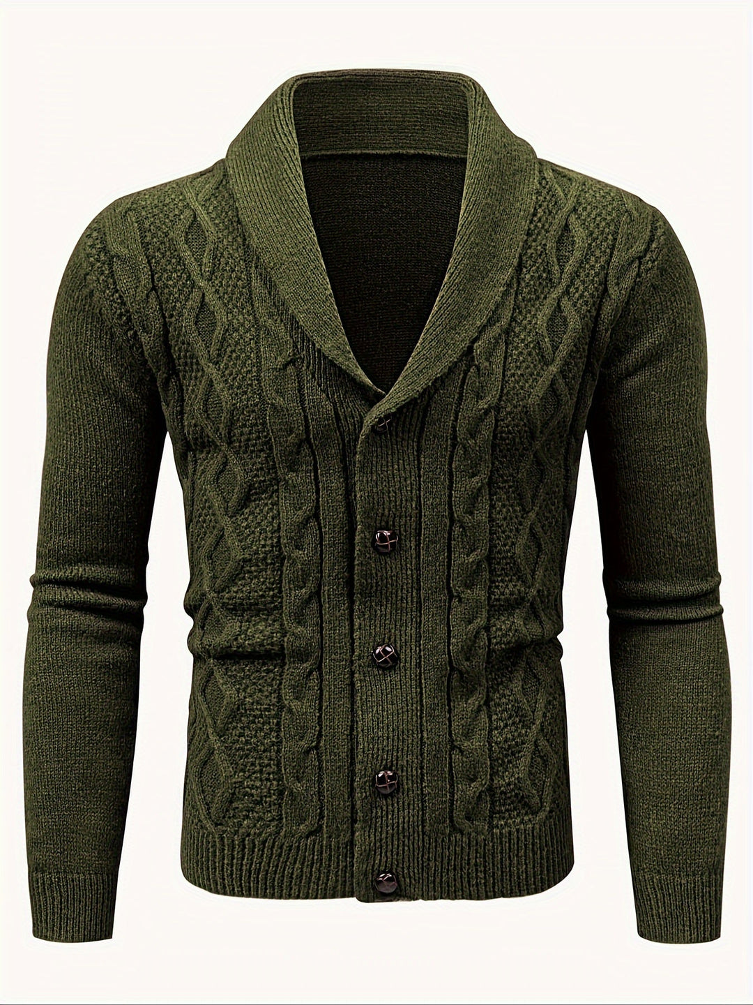 Cardigan vert olive en maille torsadée à col châle, boutonné du col jusqu'en bas