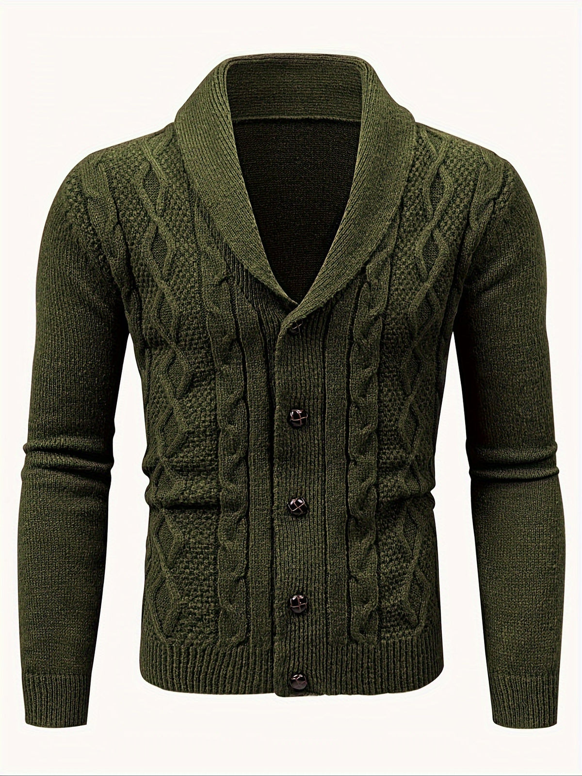 Cardigan vert olive en maille torsadée à col châle, boutonné du col jusqu'en bas