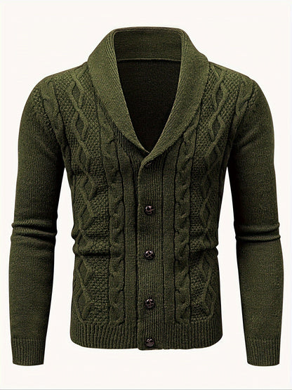 Cardigan vert olive en maille torsadée à col châle, boutonné du col jusqu'en bas