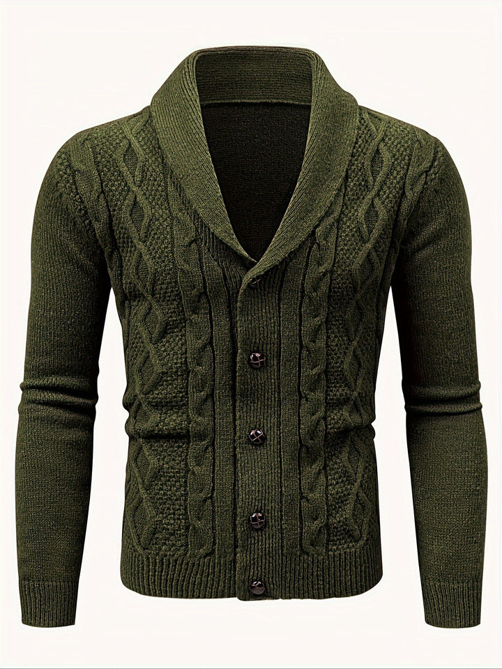 Cardigan vert olive en maille torsadée à col châle, boutonné du col jusqu'en bas