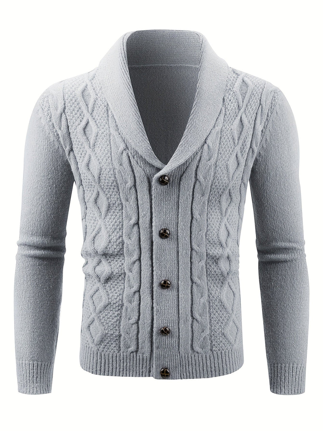 Cardigan gris clair à col châle et torsades, cinq boutons et manches longues côtelées