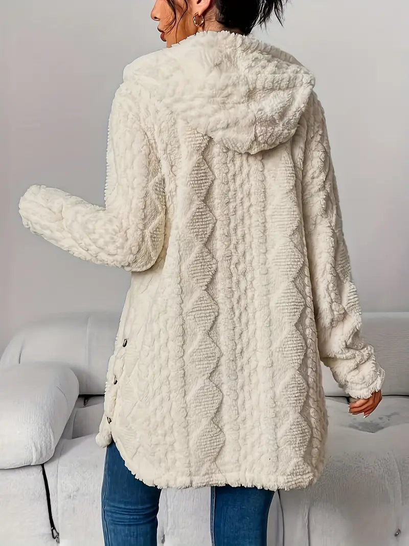Cardigan torsadé à capuche, coloris crème, vue de dos