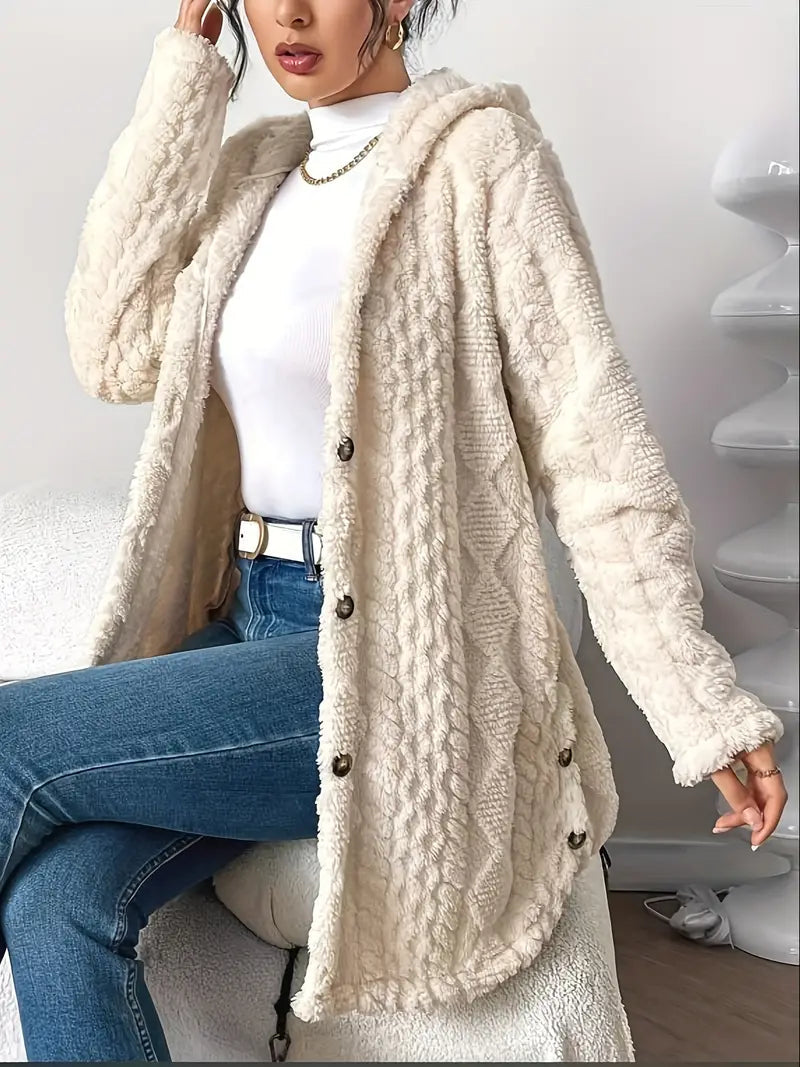 Cardigan torsadé à capuche, coloris crème, porté en tenue, vue 3