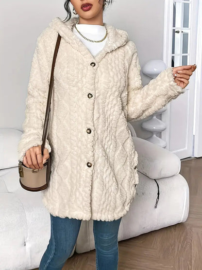 Cardigan torsadé à capuche, coloris crème, porté en tenue, vue 2