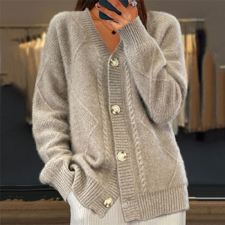 Cardigan torsadé à col V, coloris gris, vu de face