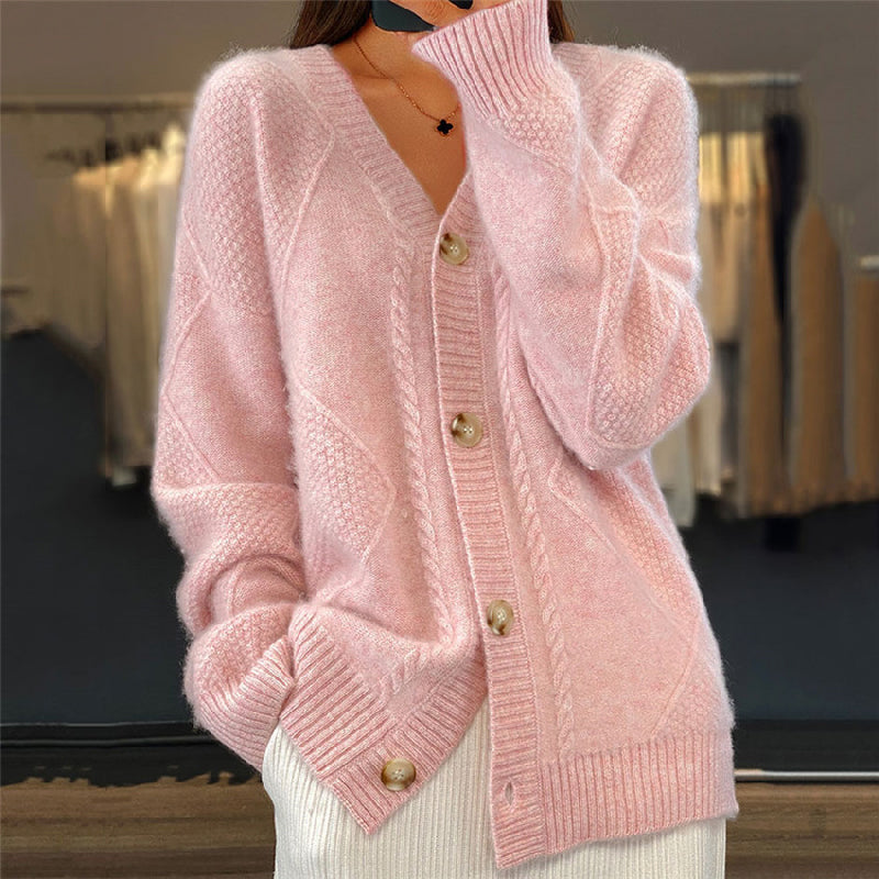 Cardigan torsadé à col V, coloris rose, vu de face