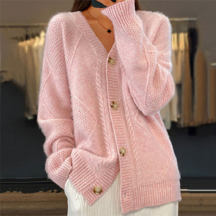 Cardigan torsadé à col V, coloris rose, vu de face