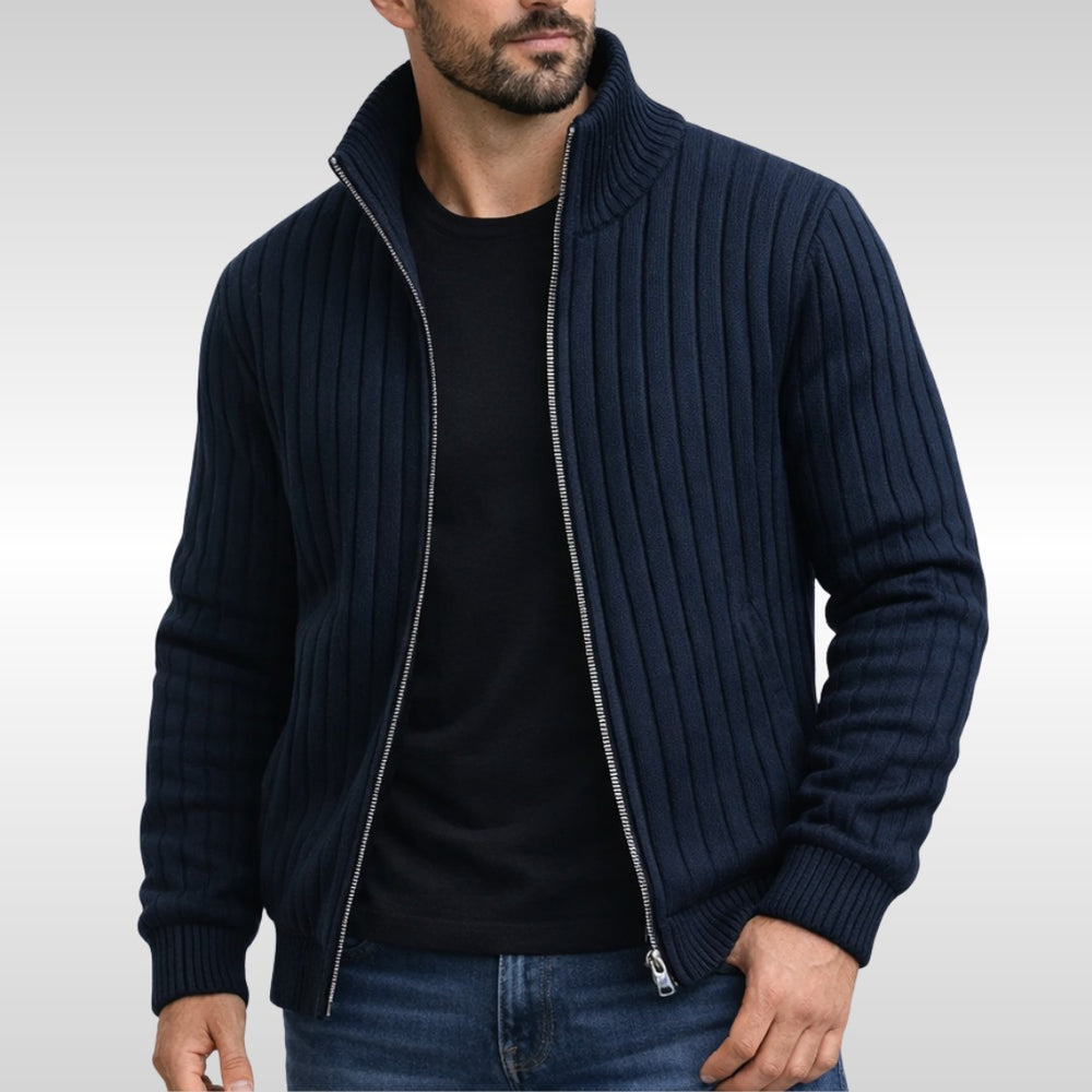 Cardigan zippé côtes larges in Navy | By Old Money