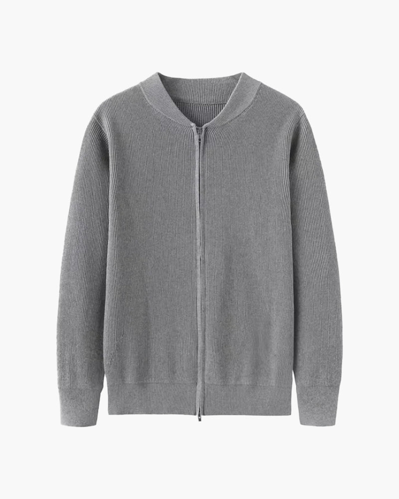 Cardigan zippé gris chiné à plat, maille côtelée verticale et bas de vêtement côtelé