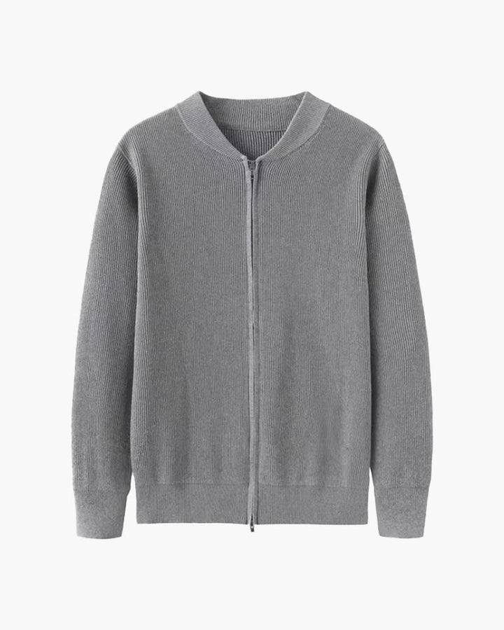 Cardigan zippé gris chiné à plat, maille côtelée verticale et bas de vêtement côtelé
