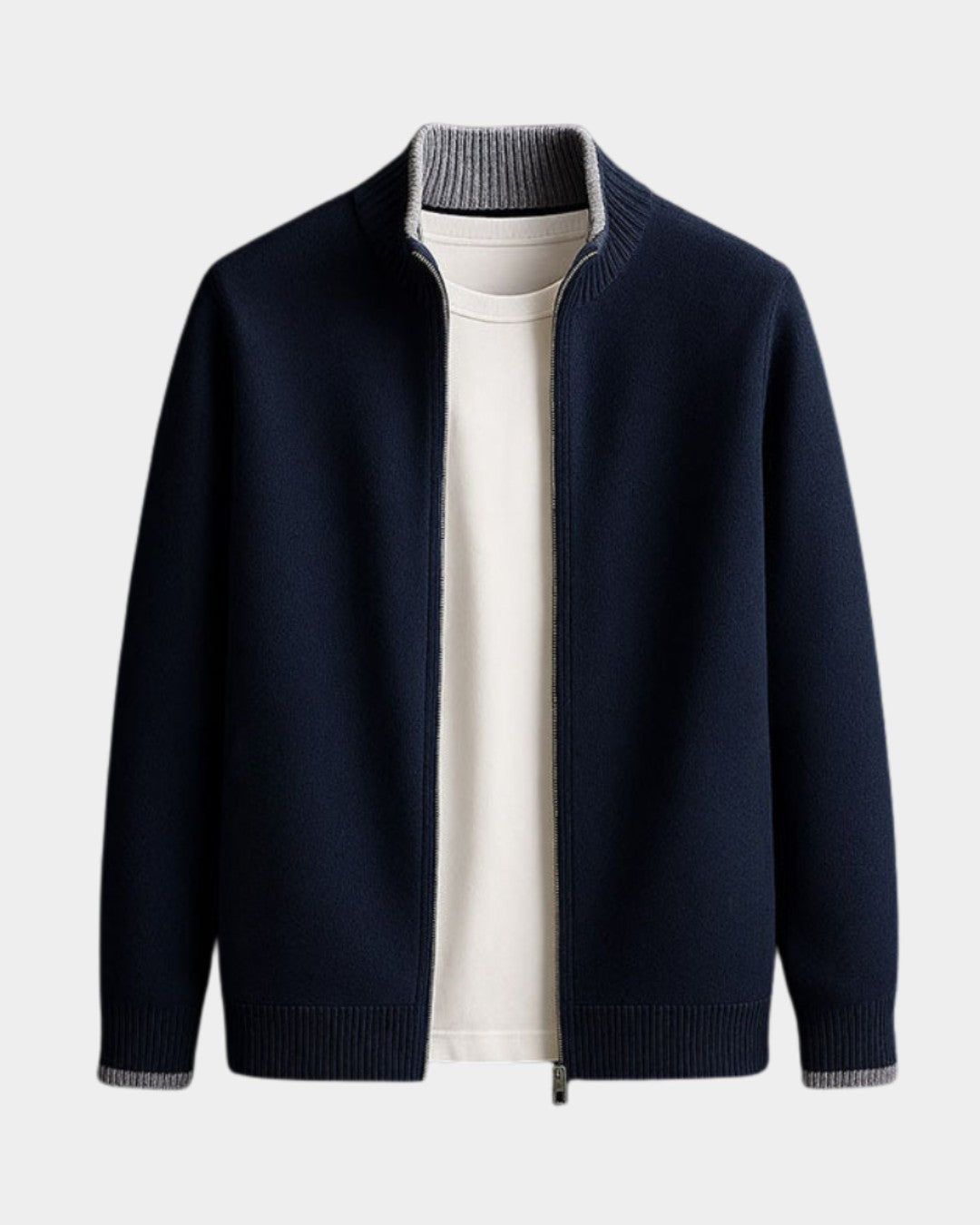 Cardigan zippé col montant, coloris bleu marine, présenté à plat