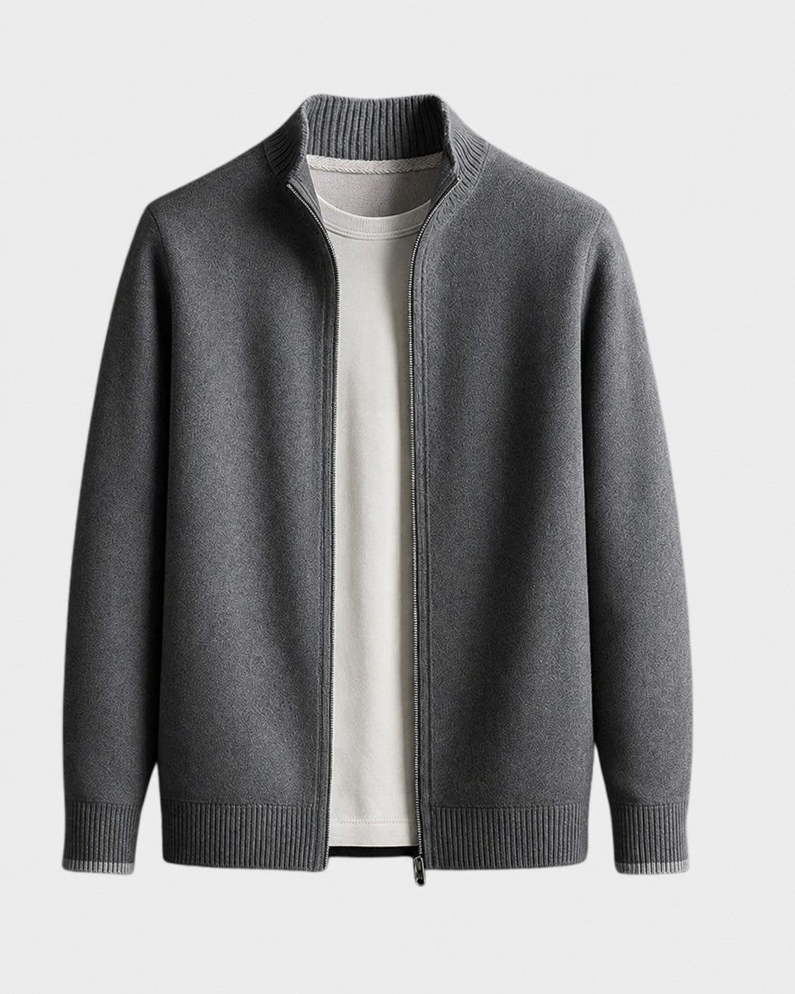 Cardigan zippé col montant, coloris gris, présenté à plat