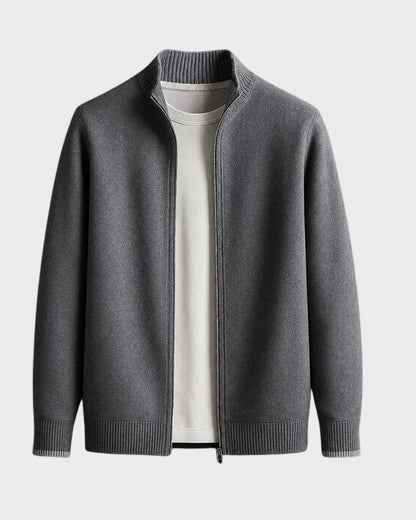 Cardigan zippé col montant, coloris gris, présenté à plat