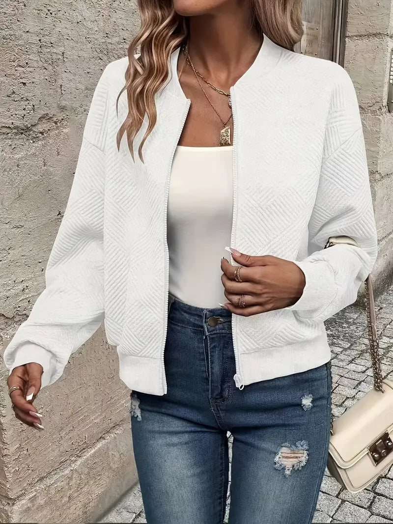 Cardigan zippé en maille texturée, coloris blanc, vu de face
