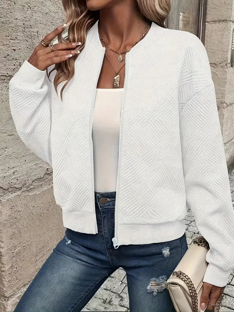 Cardigan zippé en maille texturée, coloris blanc, vu de face