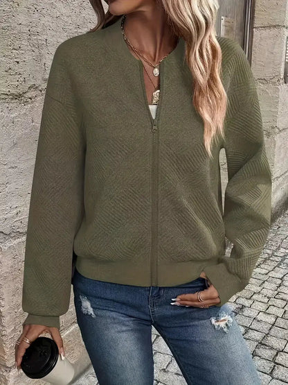 Cardigan zippé en maille texturée, coloris vert olive, vu de face