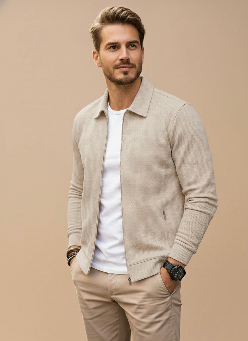 Cardigan zippé maille texturée, coloris beige, vue de face